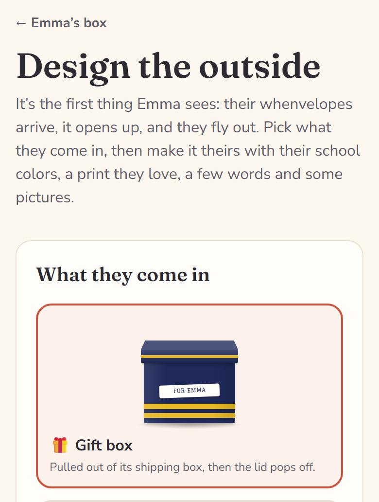 The Design the outside page. Under What they come in, the gift box is picked: a navy box with gold stripes and a label that says For Emma.
