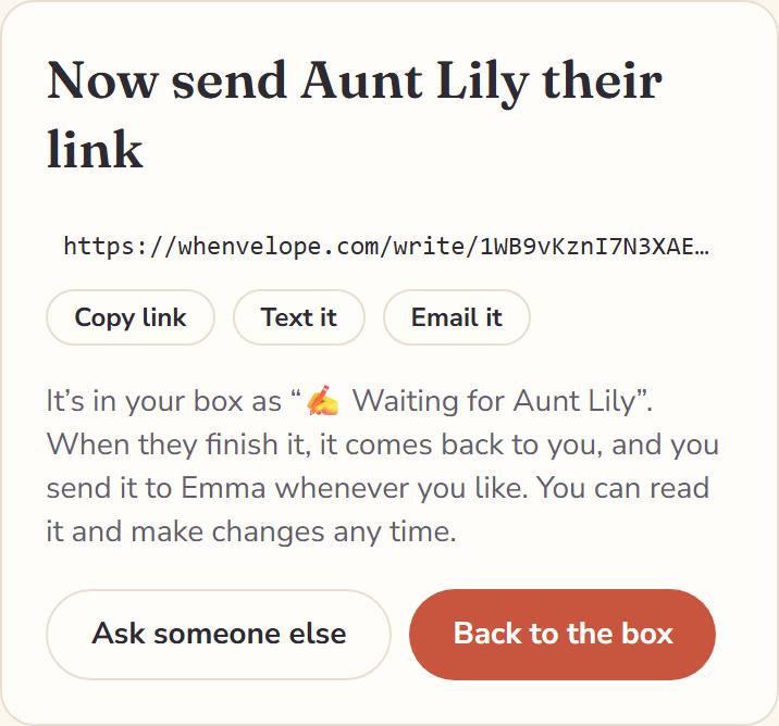 Now send Aunt Lily their link: her private link, with the buttons Copy link, Text it and Email it.