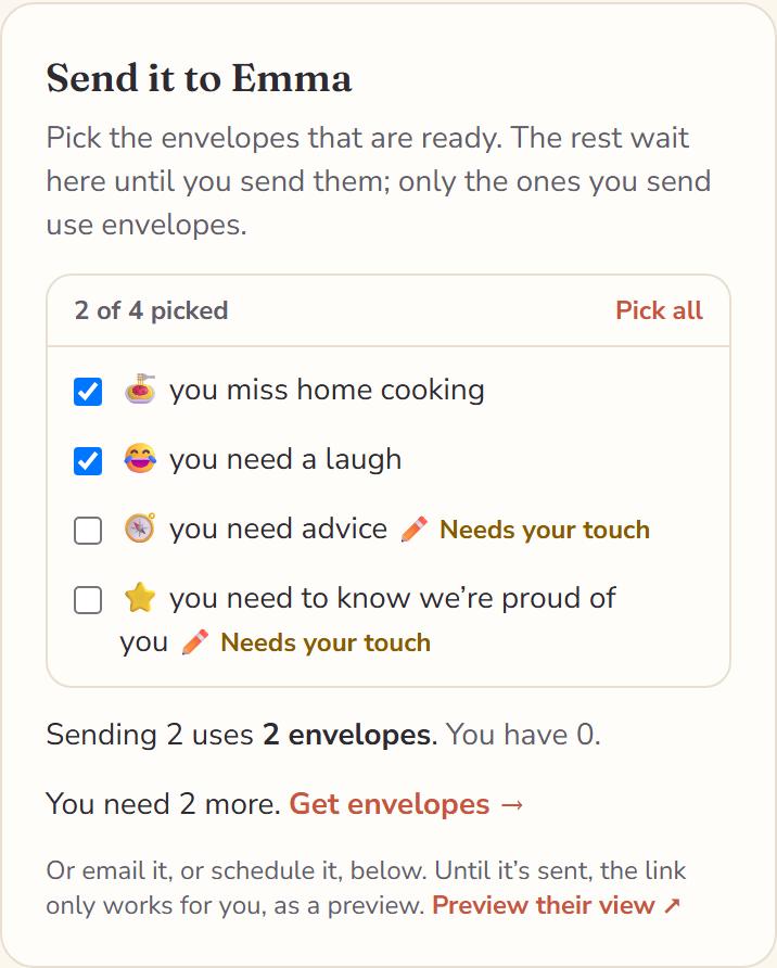 The Send it to Emma panel: two envelopes are ticked and two still need a touch. It says Sending 2 uses 2 envelopes, you have 0, You need 2 more, with a Get envelopes link.