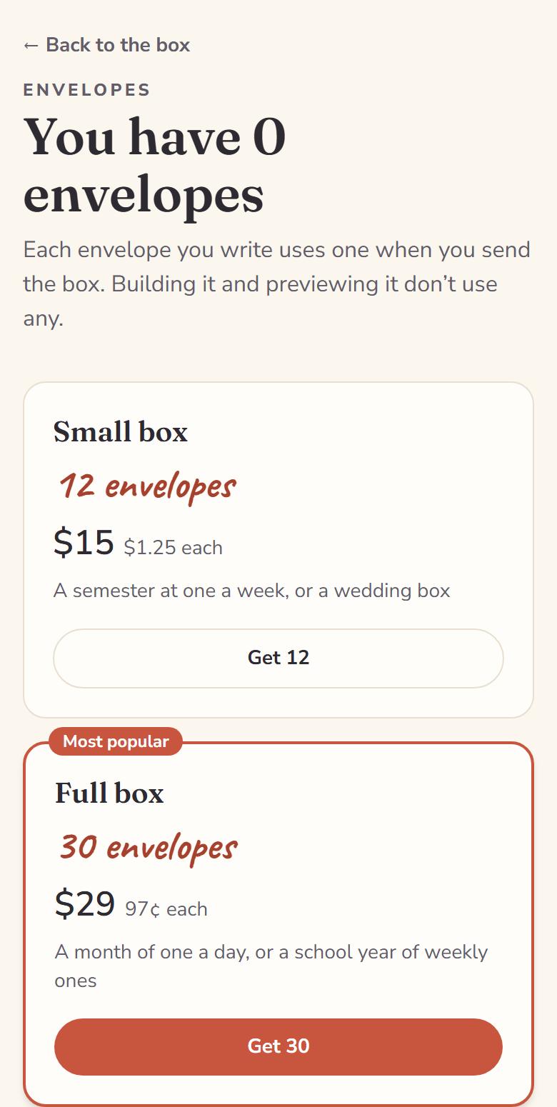 The Envelopes page: You have 0 envelopes. The Small box pack is 12 envelopes for $15 with a Get 12 button, and the Full box pack, marked Most popular, is 30 envelopes for $29 with a Get 30 button.