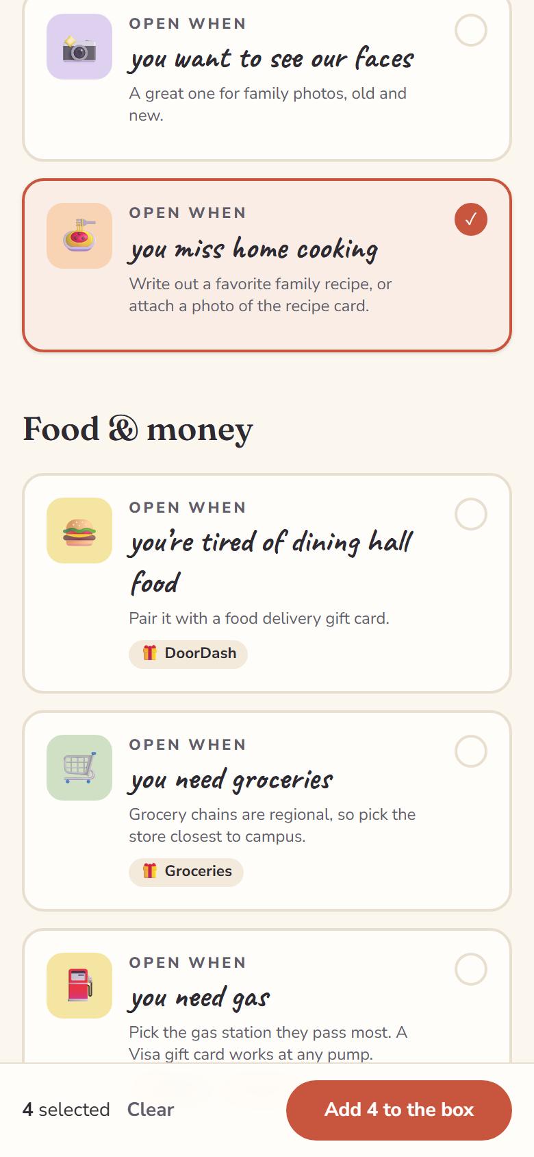 The list of envelope ideas. “Open when you miss home cooking” has a check mark, and the bar at the bottom says 4 selected, with an Add 4 to the box button.