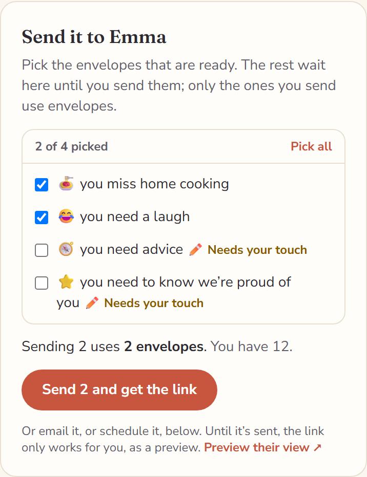 The Send it to Emma panel with two envelopes ticked. It says Sending 2 uses 2 envelopes, you have 12, with a Send 2 and get the link button.