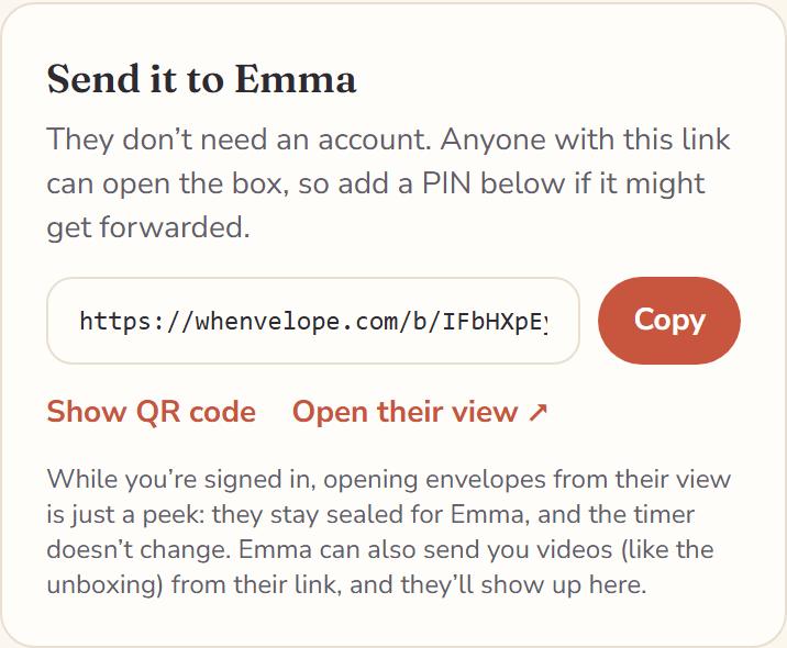 After sending: the box’s private link, starting with https://whenvelope.com/b/, with a Copy button next to it.