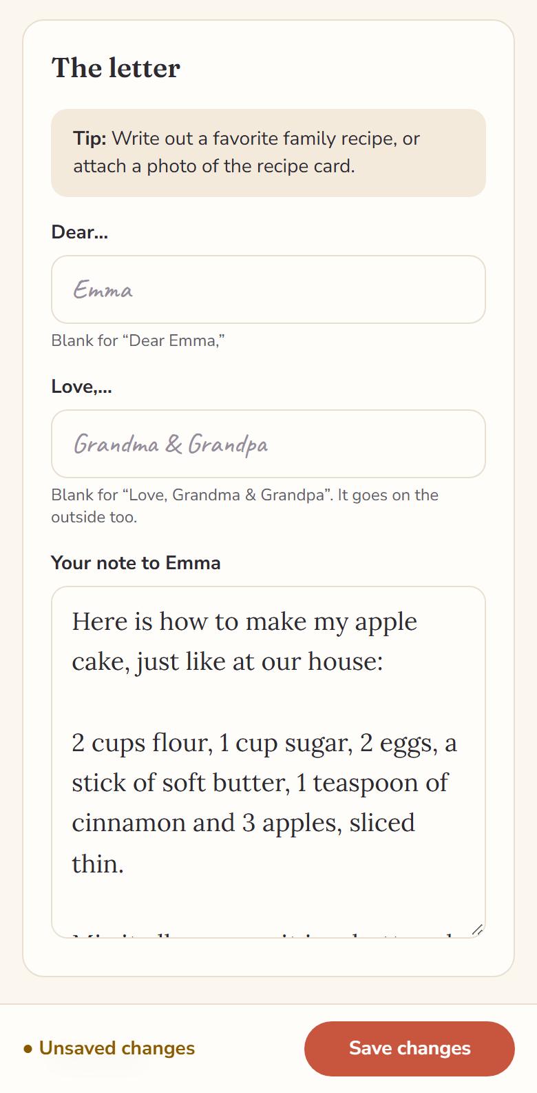 Writing a letter. Under Your note to Emma, Grandma has typed her apple cake recipe. The bar at the bottom says Unsaved changes, with a Save changes button.